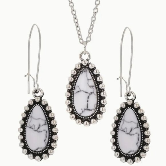 Boho Style Synthetic White Turquoise Water Drop Pendant Necklace & Earrings Set - Picture 1 of 4